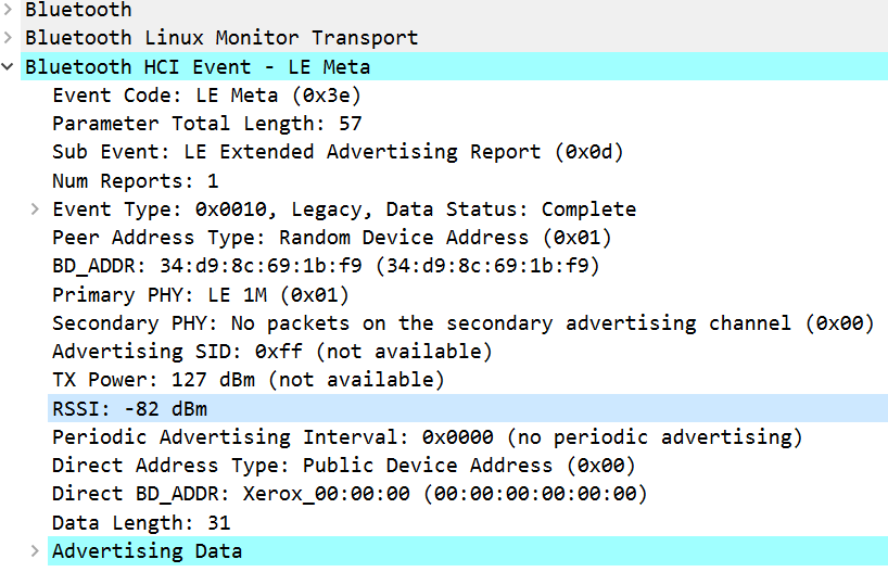 Wireshark LE Meta RSSI