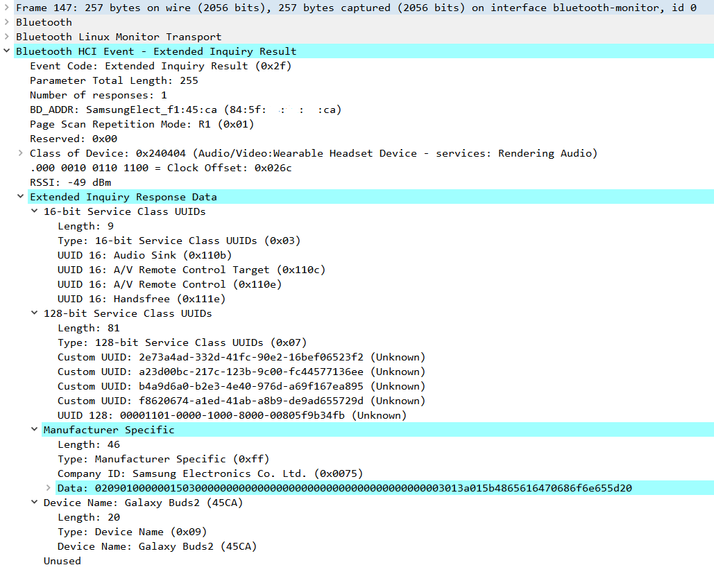Wireshark BR/EDR Extended inquiry result