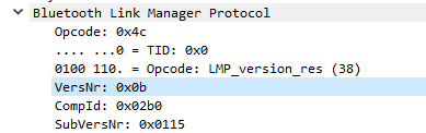 Paquete LMP_VERSION_RES diseccionado en Wireshark