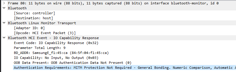 Wireshark Pairing IO Capabilities Classic