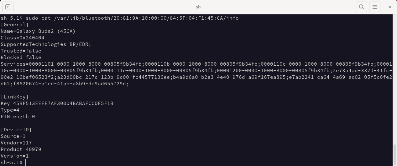 BlueZ information for device 84:5F:04:F1:45:CA with driver 20:81:9A:10:00:00:00