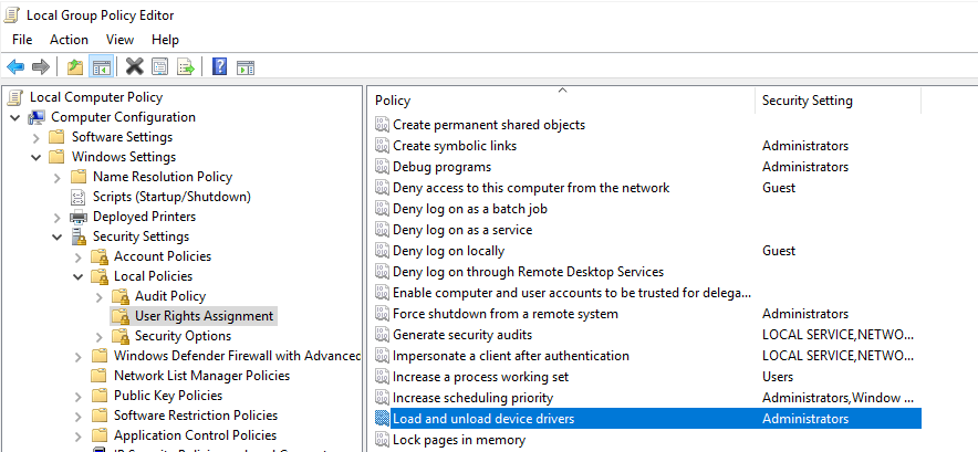 seloaddriverprivilege group policy
