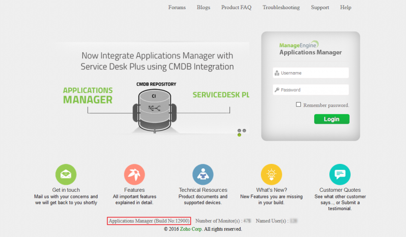 Portal de login de la aplicación Applications Manager