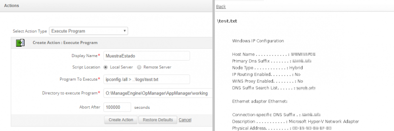 Ejecución del comando ipconfig en el servidor