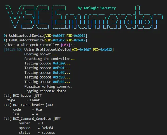 Figure 7. Vendor Command Enumerator sweeping opcodes and dissecting the responses with Scapy.