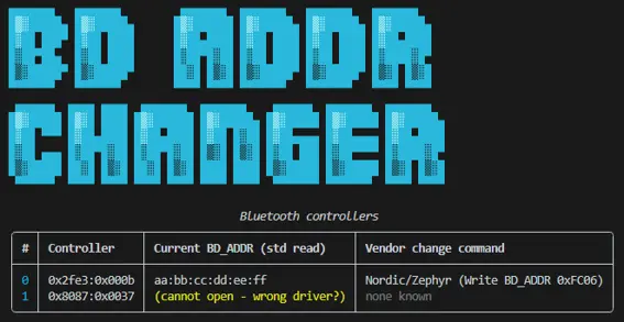 Figure 9. BD_ADDR Changer showing which controllers expose a usable vendor address-change command.